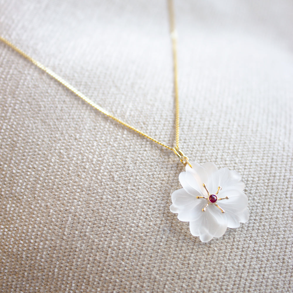 Rock Crystal Flower Ruby Pendant