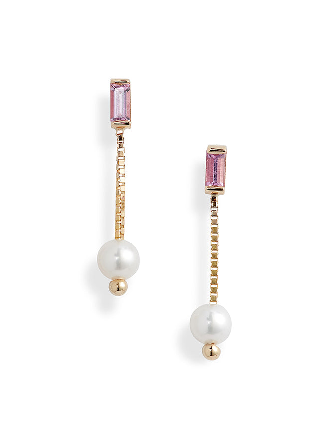 Pink Sapphire Pearl Box Chain Earrings