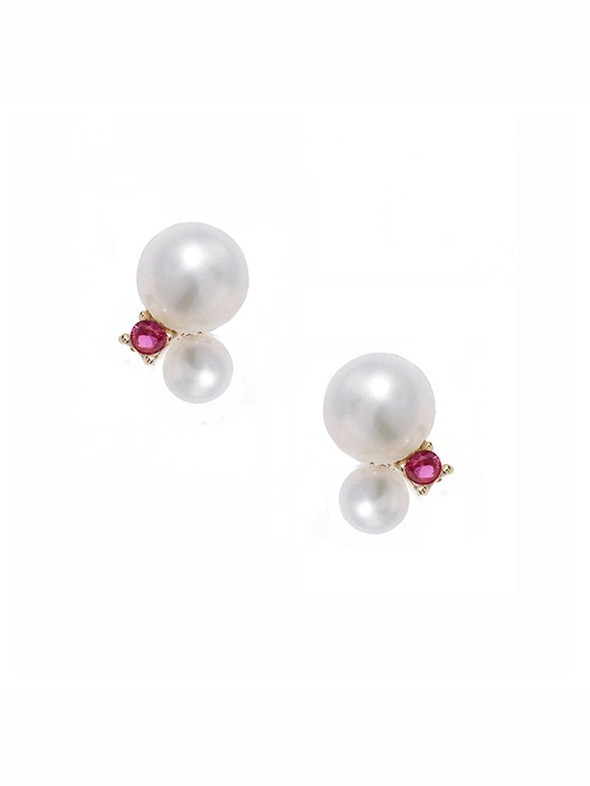 Double Pearl Gemstone Stud Earrings