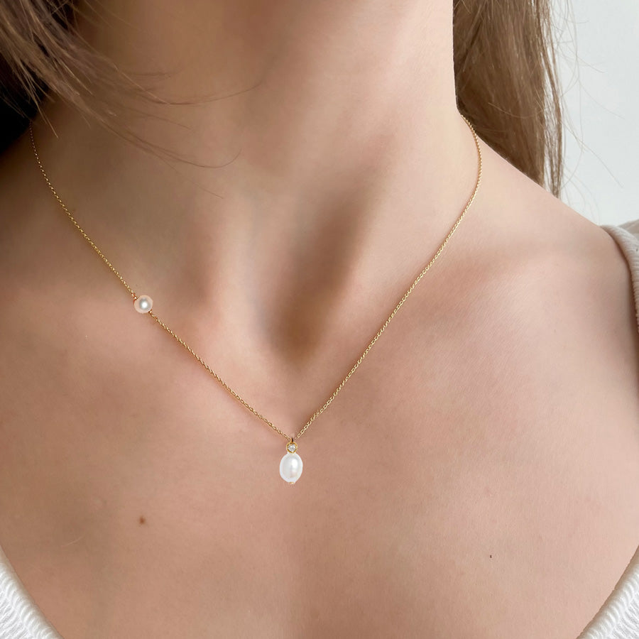 Petite Oval Pearl Diamond Necklace