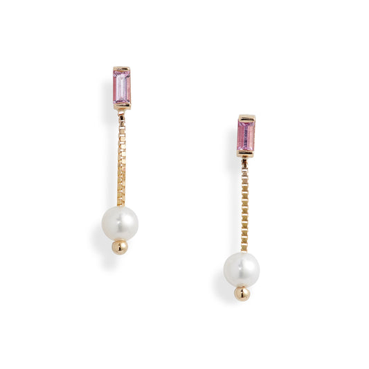 Pink Sapphire Pearl Box Chain Earrings