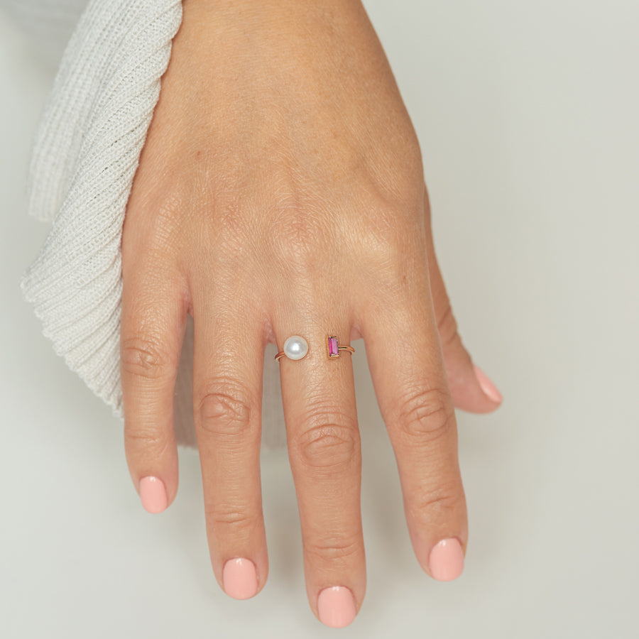 Baguette Gemstone Pearl Open Ring