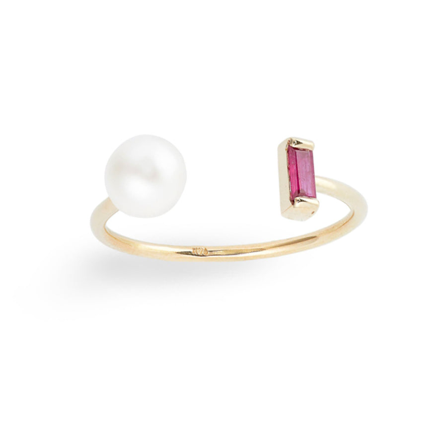 Baguette Gemstone Pearl Open Ring